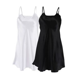 Sleepwear Full Slip Lotus Leaf Hem Dress Nightgown 2 Pcs Black+White